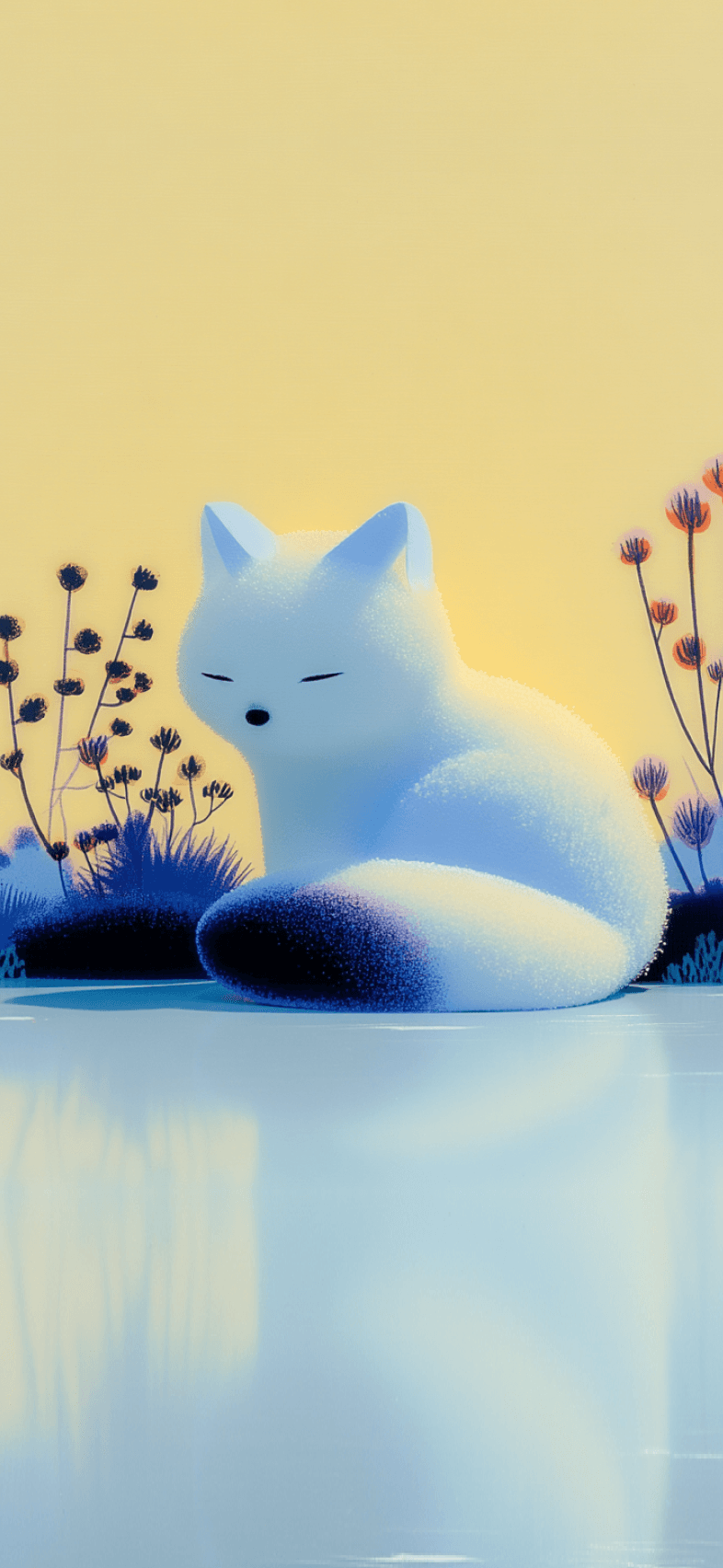 A small white fox curled on icy ground, dawn light above